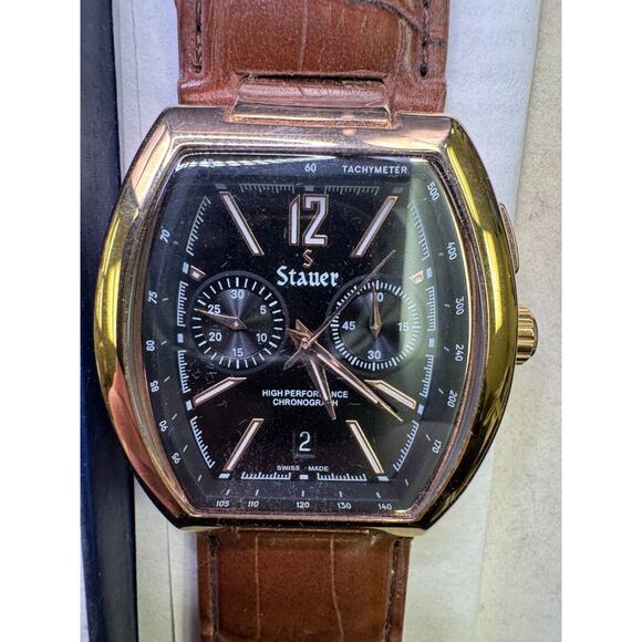 Stauer Men´s Cognac Tonneau Swiss Watch Chronograph Brown Leather Strap Working main image 8